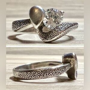 Vintage Handmade Sterling Silver Abstract Textured Clear Stone Ring, Size 5.5